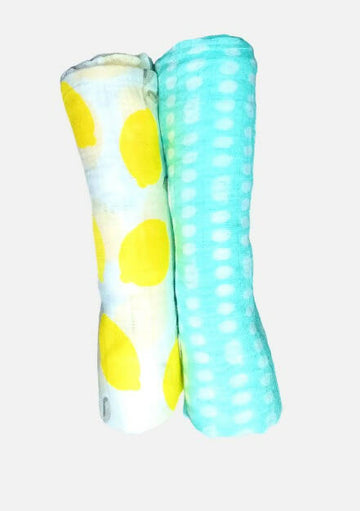Kindermum Organic Cotton Muslin Swaddle Blanket 100 Cm X 100 Cm - Set Of 2 - Pista And Lemon
