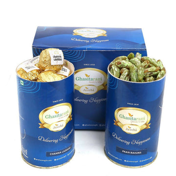 Ghasitaram Channa Laddoo and Paan Raisin Cans
