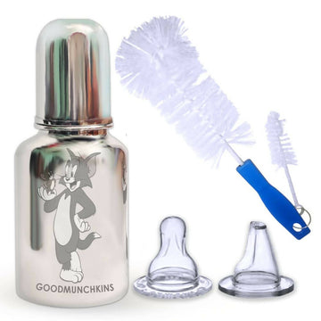 Goodmunchkins Stainless Steel Feeding Bottle with Anti Colic Silicone Nipple/Bottle Cleaning Nylon Brush (300ml, Blue)
