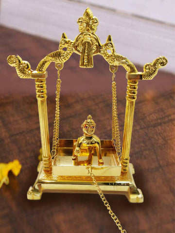 CraftVatika Gold Toned Aluminium Swing Jhula With Ladoo Gopal