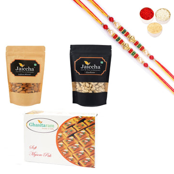 Ghasitaram Almonds, Cashews and Mysore Pak With Pearl Beads Rakhi