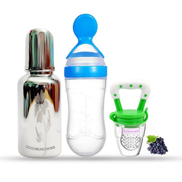 Goodmunchkins Stainless Steel Feeding Bottle, Food Feeder & Fruit Feeder Combo for Baby-(Blue-Green, 220ml)