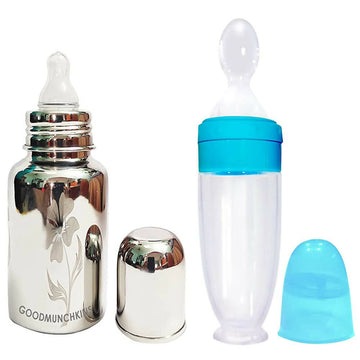 Goodmunchkins Stainless Steel Feeding Bottle With Spoon Food Feeder for Baby Anti Colic Silicon Nipple Feeder 300 ml Combo Pack-Blue