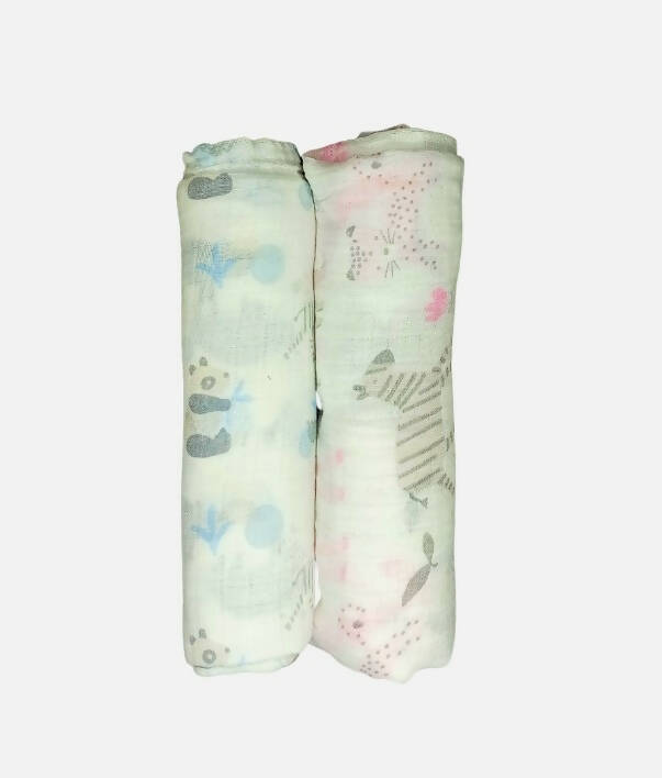 Kindermum Organic Cotton Muslin Swaddle Blanket 100 Cm X 100 Cm - Set Of 2 - Jungle Safari And Tiny Animals
