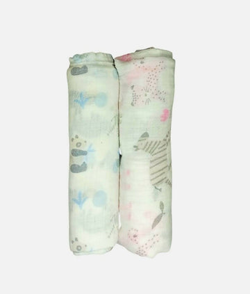 Kindermum Organic Cotton Muslin Swaddle Blanket 100 Cm X 100 Cm - Set Of 2 - Jungle Safari And Tiny Animals