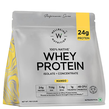Wellbeing Nutrition Premium Whey Protein Isolate + Concentrate 24g | 4B CFU Probiotics - Mango Flavoured