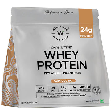 Wellbeing Nutrition Premium Whey Protein Isolate + Concentrate 24g | 4B CFU Probiotics - Cappuccino