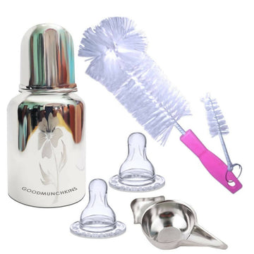 Goodmunchkins Stainless Steel Feeding Bottle with Bottle Cleaning Brush/Chakku/Anti Colic Silicone Nipple Combo-(220ml,Pink)