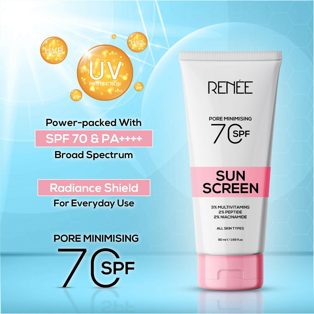 Renee Pore Minimizing Sunscreen SPF 70 With 2% Niacinamide, 2% Peptide & 3% Multivitamins