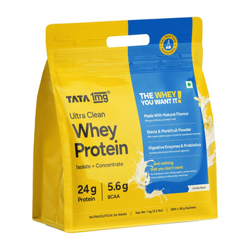 Tata 1mg Ultra Clean Whey Protein Isolate + Concentrate - 24g Protein, 5.6g BCAA & 30B CFU Probiotics