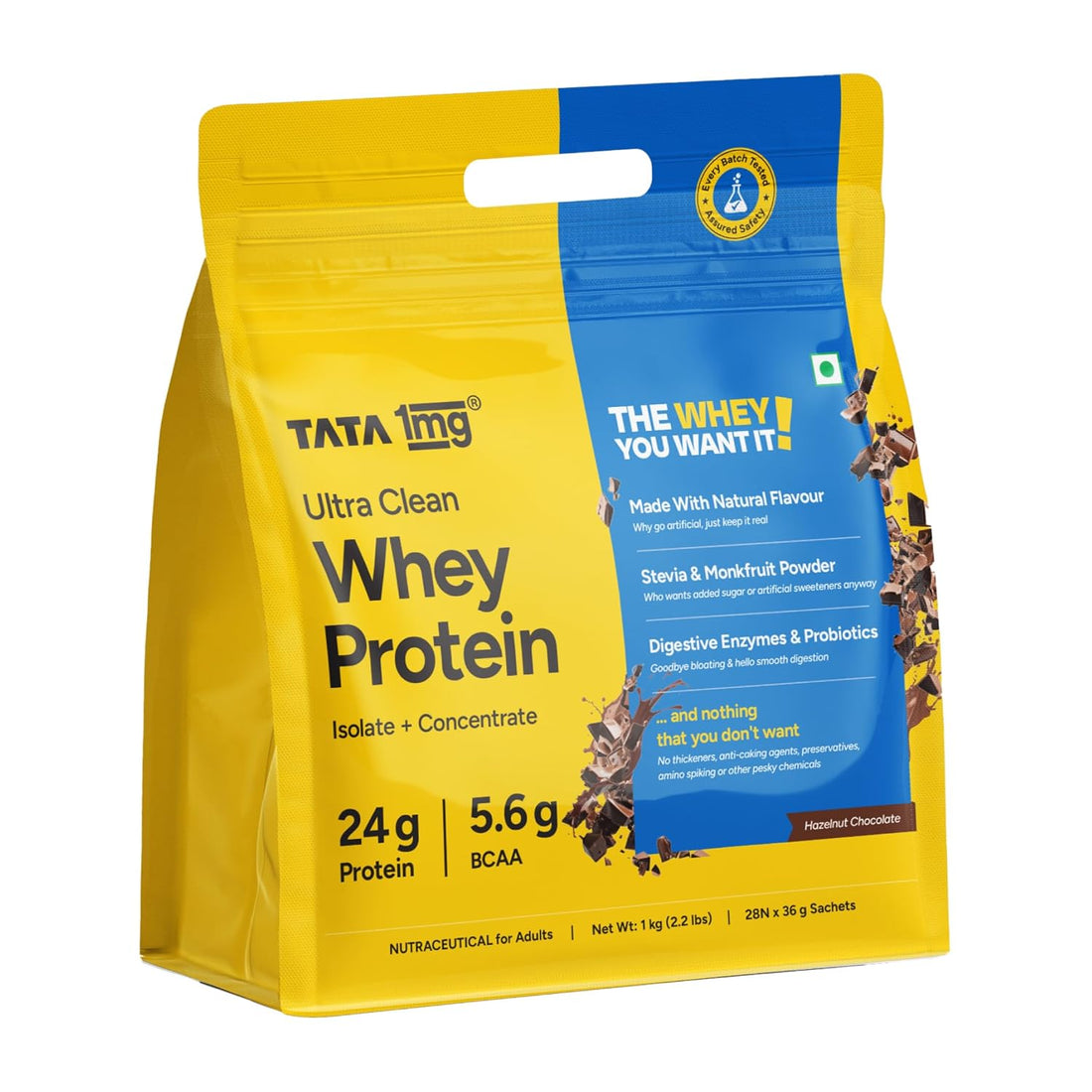 Tata 1mg Ultra Clean Whey Protein Isolate + Concentrate - 24g Protein, 5.6g BCAA & 30B CFU Probiotics