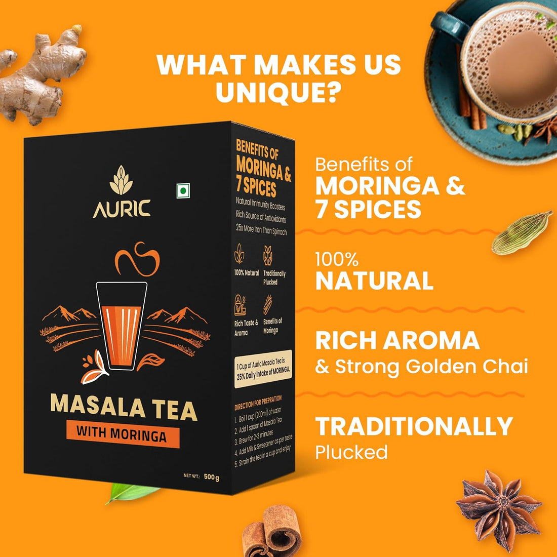 Auric Kadak Moringa Masala Tea - Black Tea from Assam & Darjeeling with Real Spices (Cardamom, Ginger, Black Pepper)