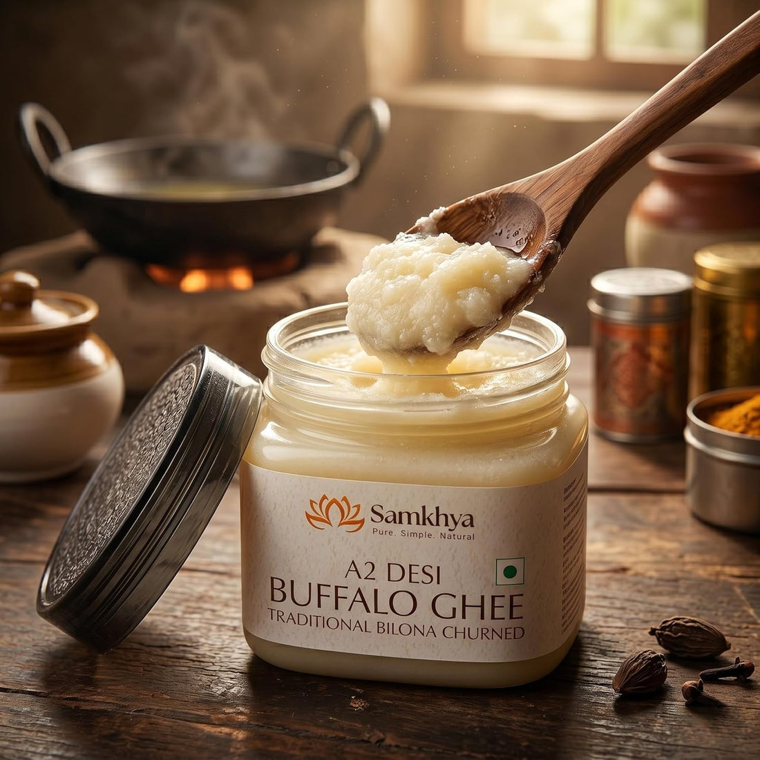 Samkhya A2 Buffalo Ghee, Bilona Ghee from Cultured Cream, Free Range Grass Fed Buffalo
