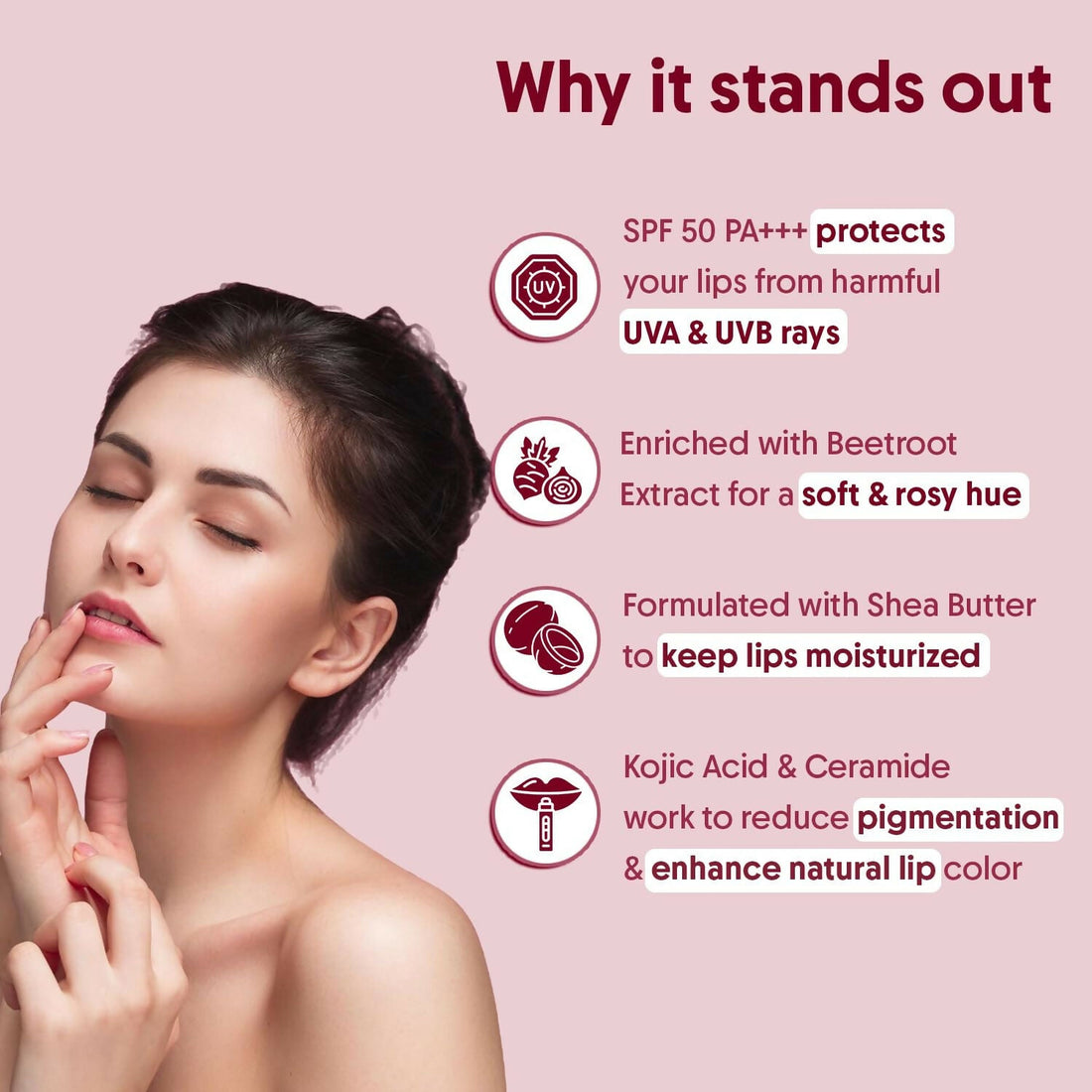 Aravi Organic Beetroot Tinted Lip Balm For Lip Brightening With SPF 50 PA+++ - Kojic Acid & Peptide