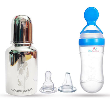 Goodmunchkins Stainless Steel Feeding Bottle & Spoon Food Feeder Anti Colic Silicone Nipple Combo-(Blue, 300ml)