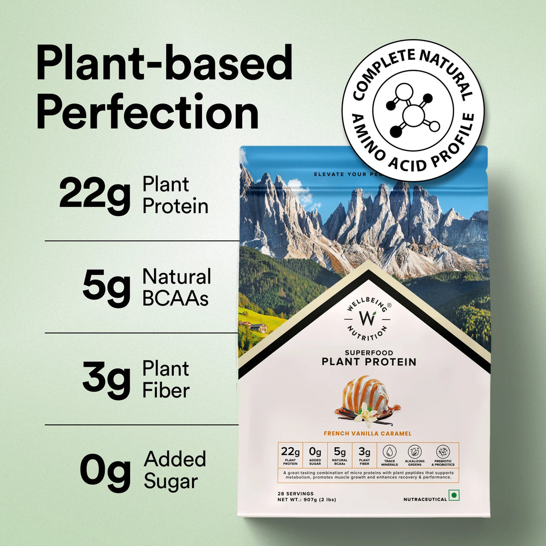 Wellbeing Nutrition Superfood Plant Protein 22g | 3B CFU Probiotics | Vegan Protein - French Vanilla Caramel