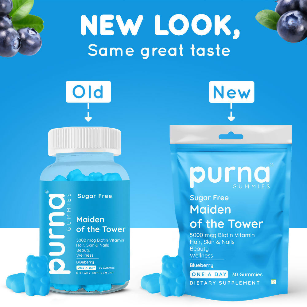 Purna Gummies Hair Biotin Blueberry Sugar Free Gummies with Vitamin B12 for Hair & Nails