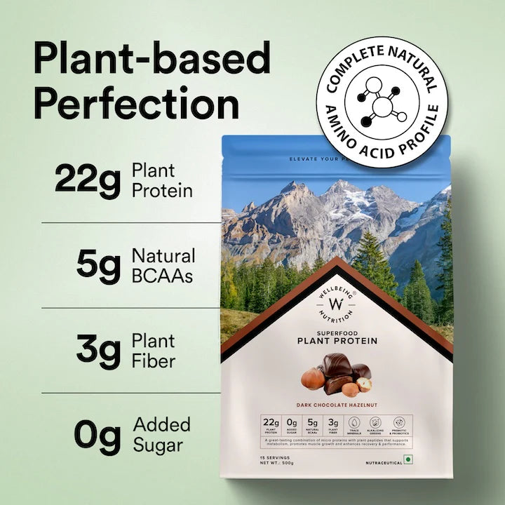 Wellbeing Nutrition Superfood Plant Protein 22g | 3B CFU Probiotics | Vegan Protein - Dark Chocolate Hazelnut
