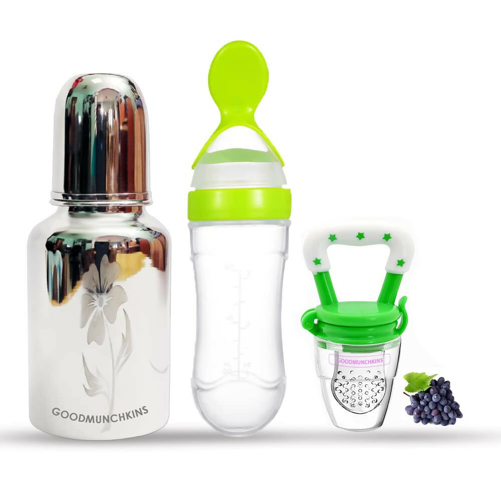 Goodmunchkins Stainless Steel Feeding Bottle, Food Feeder & Fruit Feeder Combo for Baby (Green-Green, 220ml)