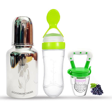 Goodmunchkins Stainless Steel Feeding Bottle, Food Feeder & Fruit Feeder Combo for Baby (Green-Green, 220ml)