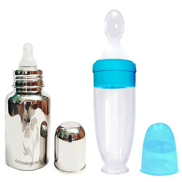 Goodmunchkins Stainless Steel Feeding Bottle With Spoon Food Feeder for Baby Anti Colic Silicon Nipple Feeder 220 ml Combo Pack-Blue