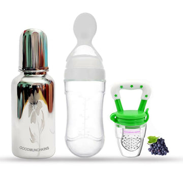 Goodmunchkins Stainless Steel Feeding Bottle, Food Feeder & Fruit Feeder Combo for Baby-(White-Green, 220ml)
