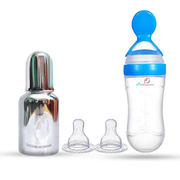 Goodmunchkins Stainless Steel Feeding Bottle & Spoon Food Feeder Anti Colic Silicone Nipple Combo-(Blue, 150ml)