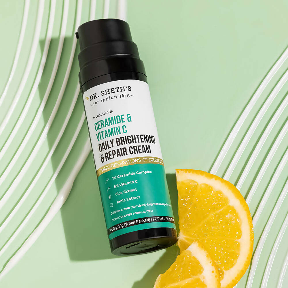 Dr. Sheth's Ceramide & Vitamin C Daily Brightening & Repair Face Cream With 5% Vitamin C, Cica & Amla, Brightens & Repairs Skin