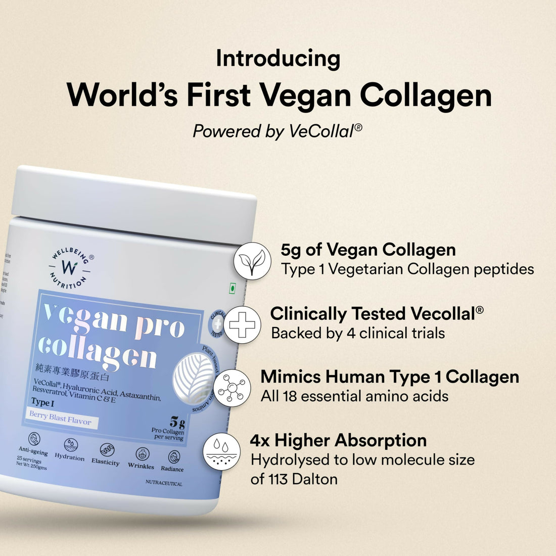 Wellbeing Nutrition Vegan Pro Collagen Powder with Vitamin C & E - Berry Blast - Improves Skin Hydration, Texture & Evens Skin Tone
