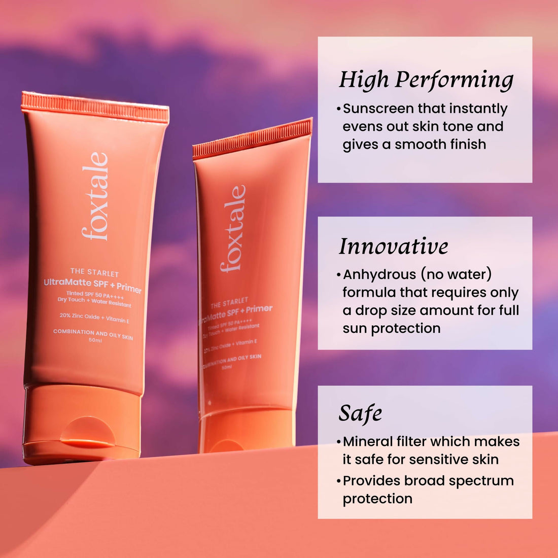 Foxtale Tinted Sunscreen SPF 50 PA++++ & Primer Shade 1 - Deep, Water Resistant with Dry-Touch Finish, Blurs Out Pores