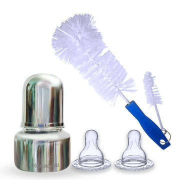 Goodmunchkins Stainless Steel Feeding Bottle with Anti Colic Silicone Nipple/Bottle Cleaning Nylon Brush (75ml, Blue)