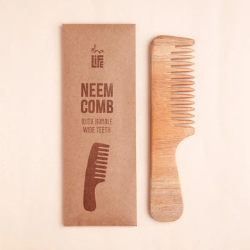 Isha Life Handmade Neem Wood Comb With Handle (Wider Teeth)