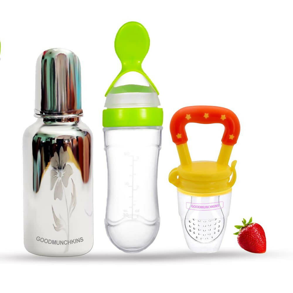 Goodmunchkins Stainless Steel Feeding Bottle, Food Feeder & Fruit Feeder Combo for Baby-(Green-Yellow, 220ml)