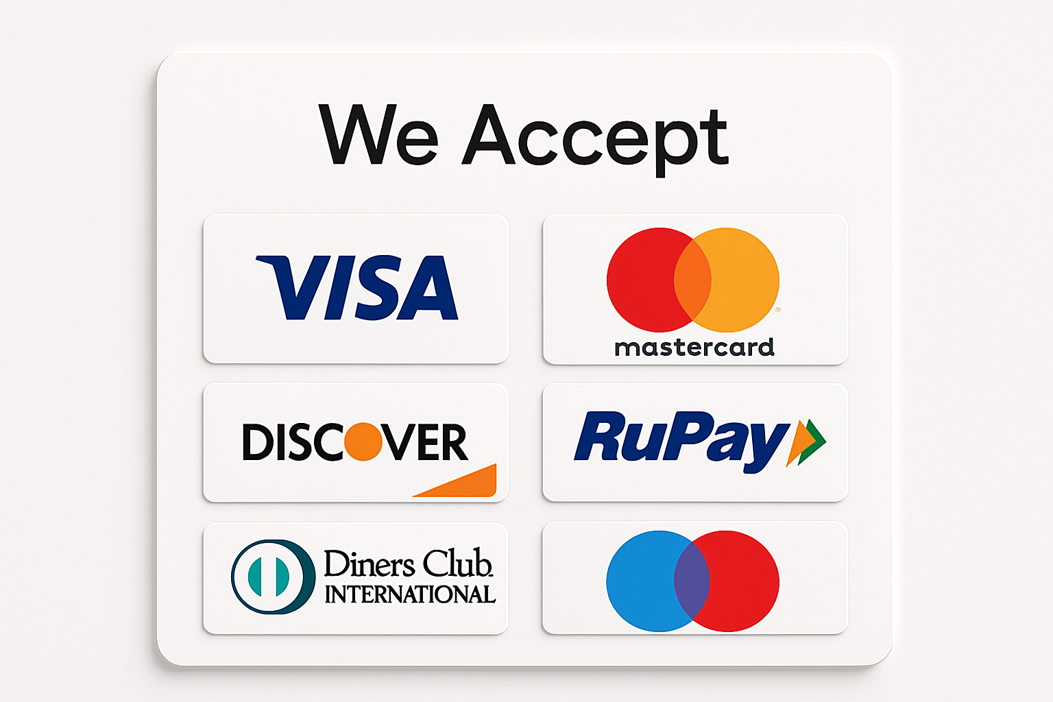 Cards accepted are Visa, Mastercard, Discover card, Rupay, Dinersclub and Mastero