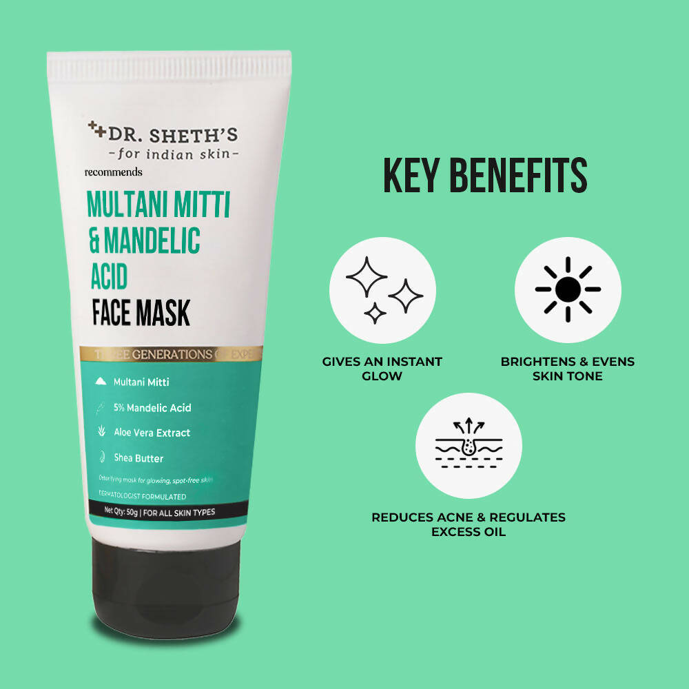 Dr. Sheth's Multani Mitti & Mandelic Acid Face Mask For Glowing Skin,  Oil Control, Tan Removal & Skin Brightening
