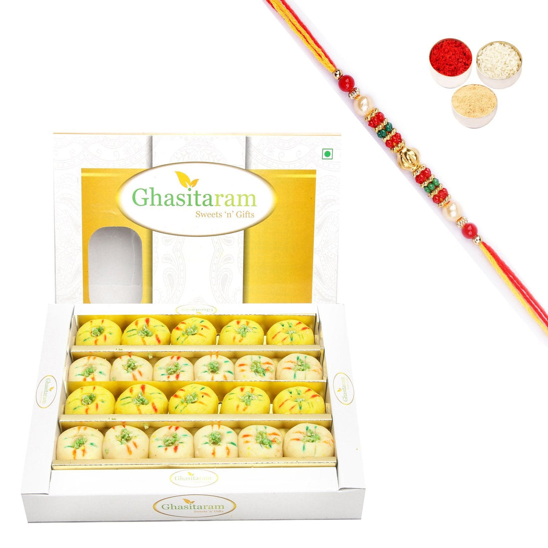 Ghasitaram Mawa Peda Box With Pearl Beads Rakhi