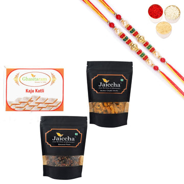 Ghasitaram Kaju Katlis, Butter Chakli Sticks and Banarsi Paan With Pearl Beads Rakhi