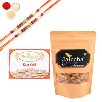 Ghasitaram Kaju Katlis, and Mamra Almonds With Pearl Beads Rakhi