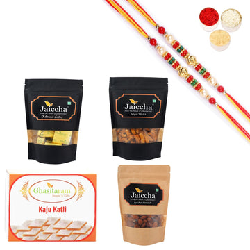 Ghasitaram Kaju Katli, Mewa Bites Pouch, Soya Sticks Pouch and Flavorsed Almonds Pouch With Pearl Beads Rakhi