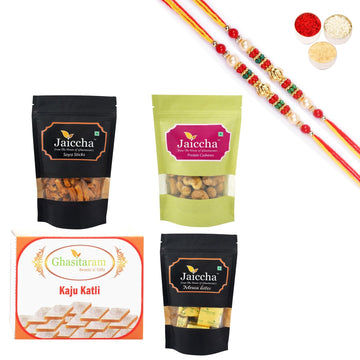 Ghasitaram Kaju Katli, Mewa Bites Pouch, Soya Sticks Pouch and Protein Cashews Pouch With Pearl Beads Rakhi