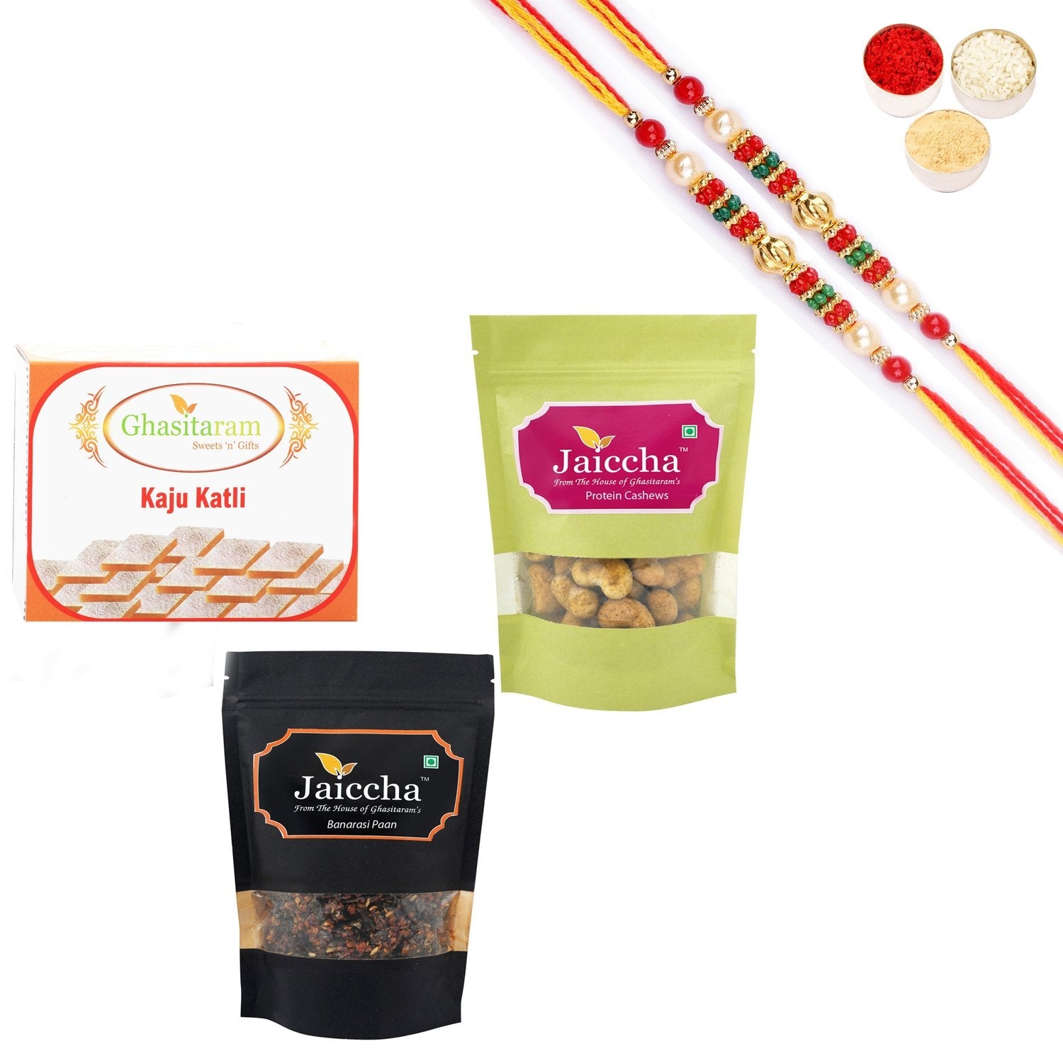 Ghasitaram Kaju Katlis, Protein Cashews and Banarsi Paan With Pearl Beads Rakhi