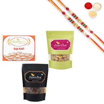 Ghasitaram Kaju Katlis, Protein Cashews and Banarsi Paan With Pearl Beads Rakhi