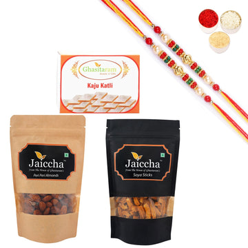 Ghasitaram Kaju Katli, Soya Sticks Pouch and Peri Peri Almonds Pouch With Pearl Beads Rakhi
