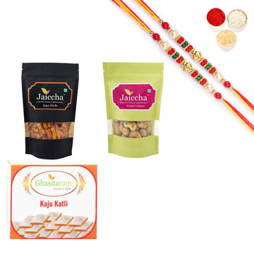 Ghasitaram Kaju Katli, Soya Sticks Pouch and Protein Cashews Pouch With Pearl Beads Rakhi