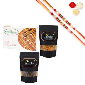 Ghasitaram Mysore Pak, Butter Chakli Sticks and Banarsi Paan With Pearl Beads Rakhi