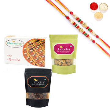 Ghasitaram Mysore Pak, Protein Cashews and Banarsi Paan With Pearl Beads Rakhi