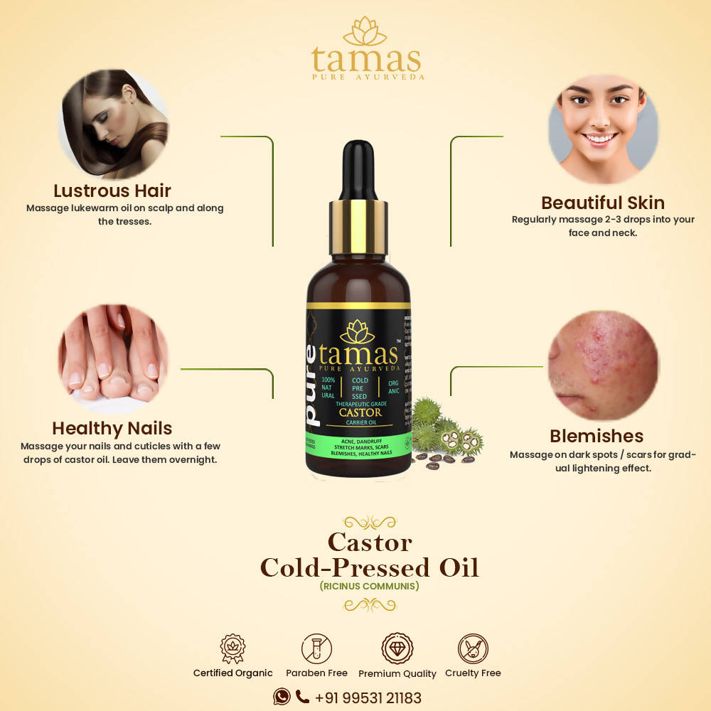 Tamas Pure Ayurveda 100% Organic Castor Cold-Pressed Oil - USDA Certified Organic-30ml