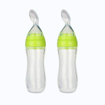 Safe-O-Kid Easy Set of 2 Squeezy Silicone Food Feeder Spoon (Soft Tip) Bottle- Green- 90mL