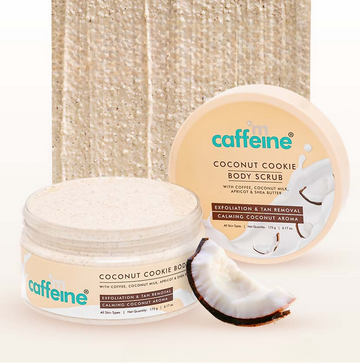 mCaffeine Coconut Cookie Body Scrub, Exfoliates & Removes Tan, Calming Coconut Aroma